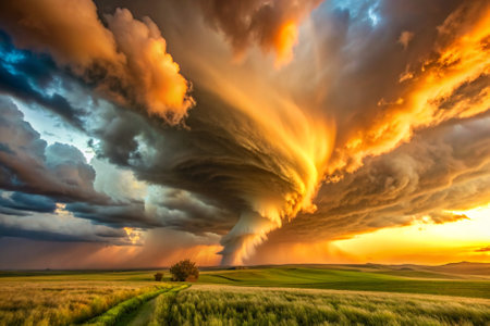 A large cloud of smoke is rising from the ground. The sky is filled with dark clouds and the sun is setting. Scene is ominous and forebodingの素材