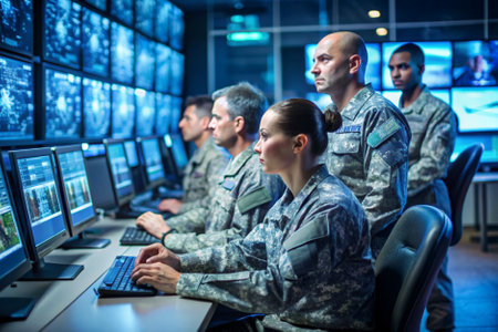 A group of soldiers are sitting at a computer station, looking at a monitor. Scene is serious and focused, as the soldiers are likely working on a mission or taskの素材