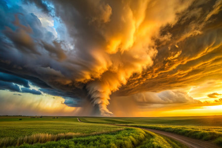 A large cloud of smoke is rising from the ground. The sky is filled with dark clouds and the sun is setting. Scene is ominous and forebodingの素材