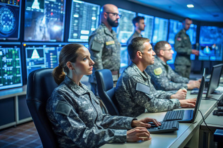 A group of soldiers are sitting at a computer station, looking at a monitor. Scene is serious and focused, as the soldiers are likely working on a mission or taskの素材