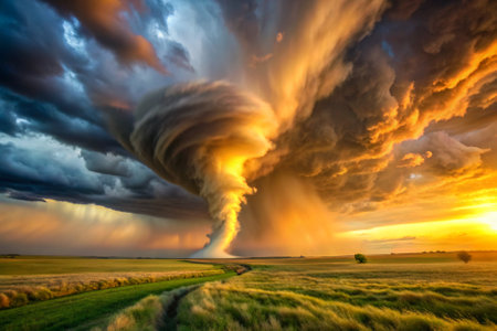 A large cloud of smoke is rising from the ground. The sky is filled with dark clouds and the sun is setting. Scene is ominous and forebodingの素材