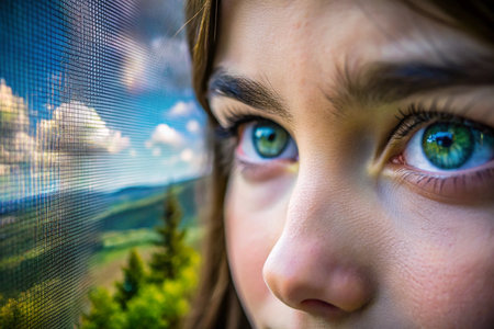 A girl is looking out a window at a beautiful mountain range and a lake. The sky is blue and the sun is setting, creating a serene and peaceful atmosphereの素材