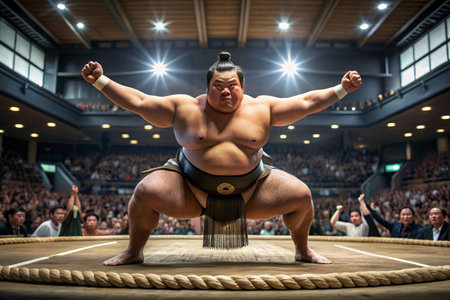 A man in a sumo wrestling ring with a crowd watching. The man is wearing a black outfit and has a red circle on his chestの素材