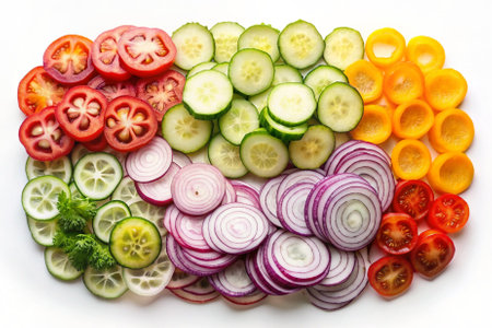 A colorful assortment of vegetables including tomatoes, cucumbers, and onions. Concept of freshness and abundance, showing the variety of vegetables available for consumptionの素材