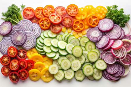 A colorful assortment of vegetables including tomatoes, cucumbers, and onions. Concept of freshness and abundance, showing the variety of vegetables available for consumptionの素材