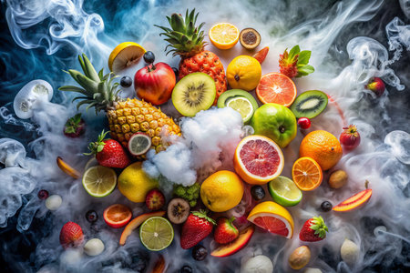 A colorful fruit display with a pineapple on top. The smoke from the fire behind the fruit creates a dramatic and mysterious atmosphereの素材