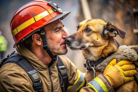 A firefighter is hugging a dog. The dog is wearing a red collar. The firefighter is wearing a yellow helmetの素材