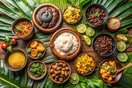 A table full of food with a variety of dishes including rice, beans, and vegetables. The table is set with bowls and plates, and there are several oranges and limes on the tableの素材