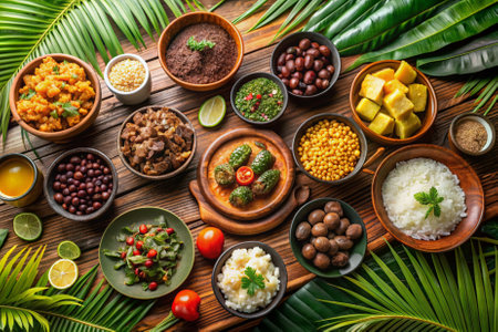 A table full of food with a variety of dishes including rice, beans, and vegetables. The table is set with bowls and plates, and there are several oranges and limes on the tableの素材