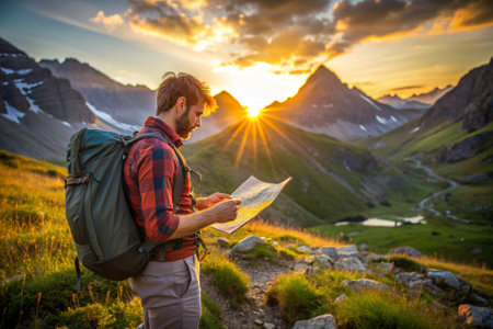 A man is standing on a mountain top, looking at a map. He is wearing a plaid shirt and a hat. The sun is setting behind him, casting a warm glow over the landscape. The man is lost in thoughtの素材