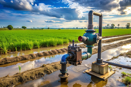 A large pipe is connected to a water source in a field. The water is murky and the sky is cloudyの素材