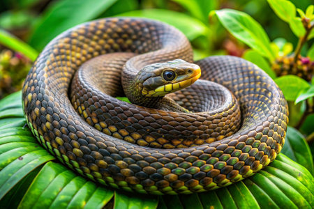 A green snake is curled up in a leafy green bush. The snake is coiled around a leaf, and it is restingの素材