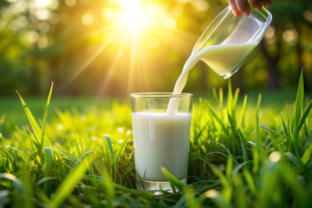 A glass of milk is poured into a glass on a grassy field. The sun is shining brightly, creating a warm and inviting atmosphereの素材