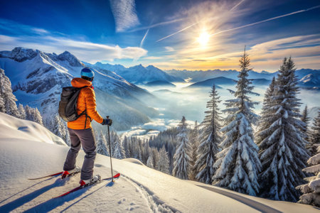 A skier is standing on a snowy mountain, looking out at the beautiful landscape. The sun is shining brightly, casting a warm glow on the snow. The skier is wearing a yellow jacket and a red backpackの素材