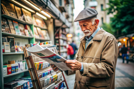 A man in a gray jacket and hat is reading a newspaper. He is smiling and he is enjoying his timeの素材