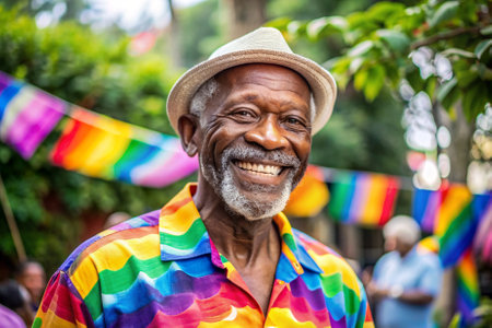 A man in a rainbow shirt is smiling and looking at the camera. The scene appears to be a celebration or a party, as there are several other people in the background. The man's colorful attireの素材