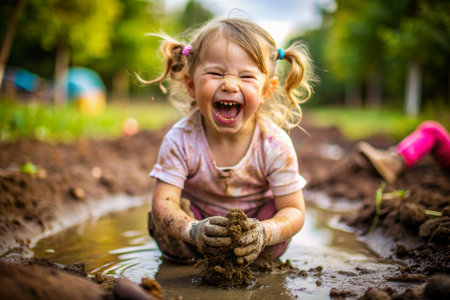 A young girl is sitting in the mud, covered in dirt and laughing. She is surrounded by grass and flowers, and there is a shovel nearby. The scene is playful and lightheartedの素材