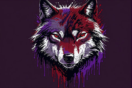 Two wolf heads with red paint on them. One is purple and the other is red. The red one has a more aggressive lookの素材