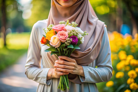 A woman wearing a hijab is holding a bouquet of flowers. The bouquet is colorful and has a variety of flowers, including roses and daisies. The woman is happy and proud of her bouquetの素材