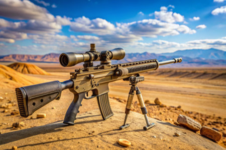 A large rifle is on a sandy hillside, with a beautiful blue sky in the background. Scene is peaceful and serene, as the rifle is not being used and is simply sitting on the groundの素材