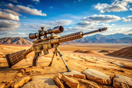 A large rifle is on a sandy hillside, with a beautiful blue sky in the background. Scene is peaceful and serene, as the rifle is not being used and is simply sitting on the groundの素材