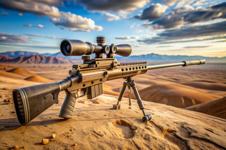 A large rifle is on a sandy hillside, with a beautiful blue sky in the background. Scene is peaceful and serene, as the rifle is not being used and is simply sitting on the groundの素材