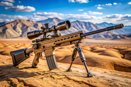 A large rifle is on a sandy hillside, with a beautiful blue sky in the background. Scene is peaceful and serene, as the rifle is not being used and is simply sitting on the groundの素材