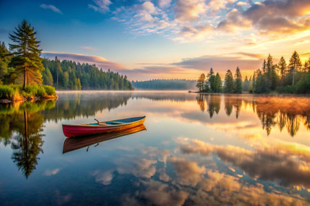 A boat is floating on a lake with a beautiful sunset in the background. The sky is filled with clouds, creating a serene and peaceful atmosphere. The reflection of the boatの素材