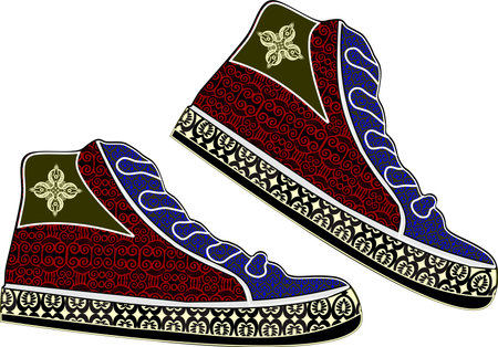 vector illustration of shoes (sneakars and sports) with traditional batik motifs.のイラスト素材