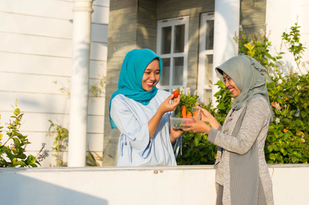portrait of two hijab women sharing vegetables with neighbors in front of their house on a sunny day