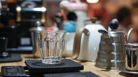 empty glass cup for coffee, Barista making drip coffee by pouring spills hot water on coffee bean....