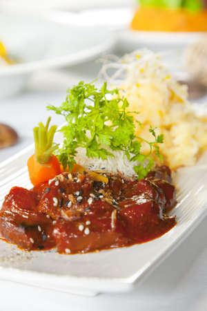 Asian dish with beef, noodles and vegetablesの写真素材