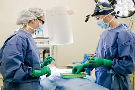 Surgeon and nurse in operating theatreの写真素材