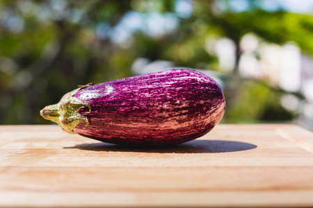 Vibrant purple eggplant on wooden cutting board in sunlightの写真素材