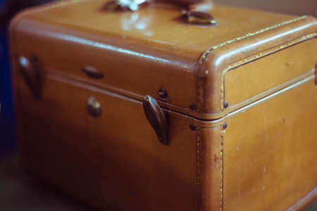 Pre loved brown leather box like bagの写真素材