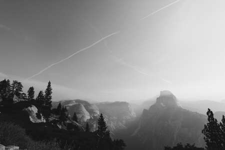 black and white view from Glacier Point in Yosemite on a foggy morningの写真素材
