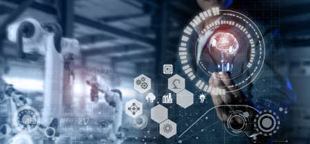 smart industry 4.0 futuristic technology concept, engineer hold the light bulb with the brain of...