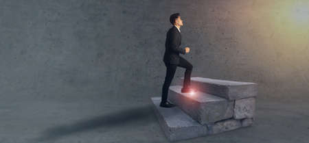 business strategy concept, business man try to step up to cross ladder to make a benefit, profit,...