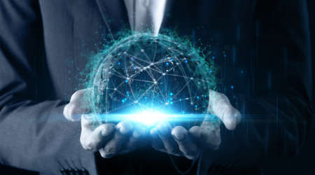 futuristic technology concept man hand holding earth with global network communication technology...