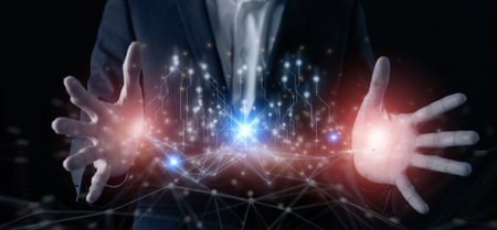 futuristic technology concept, business man hold a hand for analysis data of community network in circuit wireframe, internet of behaviors iob the new normal of technology to recieve data analysisの写真素材