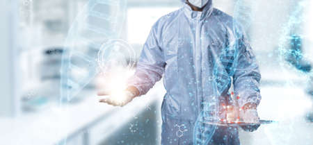 Doctor analyse covid-19 coronavirus vaccine and succesful to develop vaccine for stop covid-19 pandemic concept, reserch technology in medicine , healthcare interface use for help patient get wellの写真素材