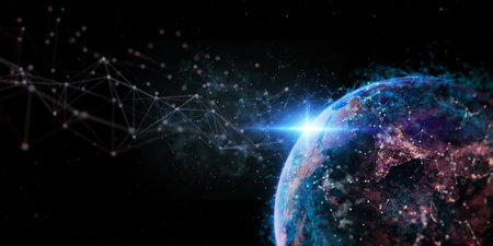 Digital global futuristic world telecommunication network technology connect data of communication technology including 5g 6g iot. 3D rendering. Copy Space.の写真素材