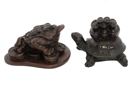 Frog and Turtle Feng Shui on white blackgroundの写真素材