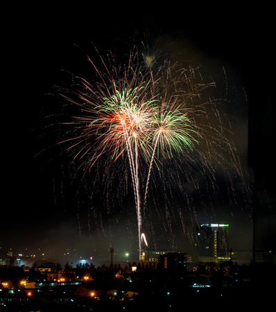 Brightly colorful fireworks and salute of various colors in the night skyの写真素材
