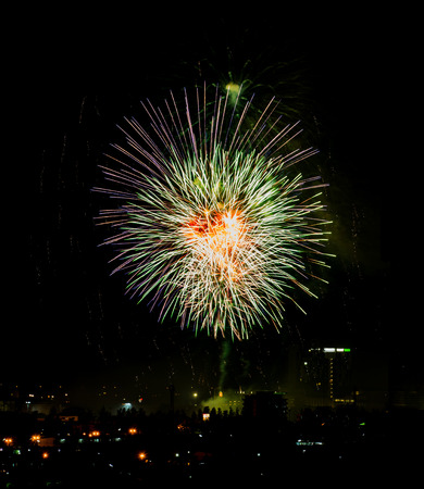 Brightly colorful fireworks and salute of various colors in the night skyの写真素材