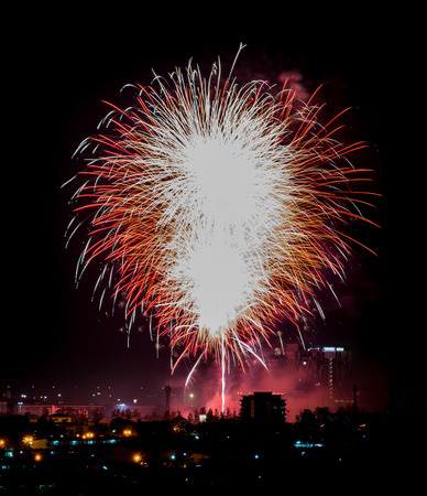 Brightly colorful fireworks and salute of various colors in the night skyの写真素材