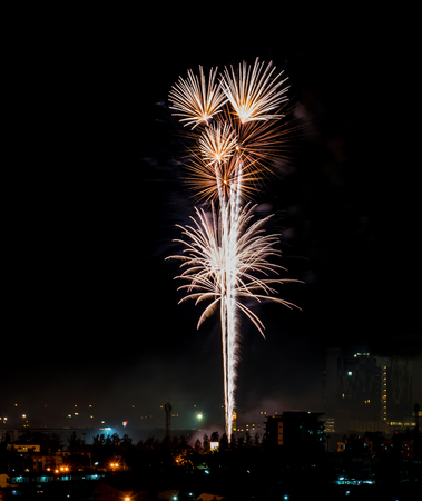 Brightly colorful fireworks and salute of various colors in the night skyの写真素材