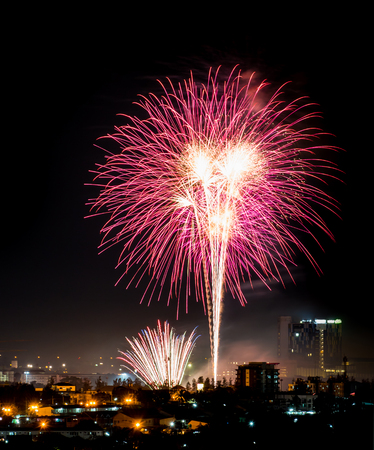 Brightly colorful fireworks and salute of various colors in the night skyの写真素材