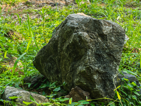 stone decoration in garden with green grassの写真素材