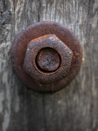 Closeup Rusty Nut on Wooden pole